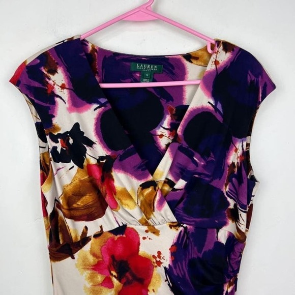 Lauren Ralph Lauren Multicolor Floral Print V Neck Ruched Wiggle Dress Size 12 - Picture 2 of 8